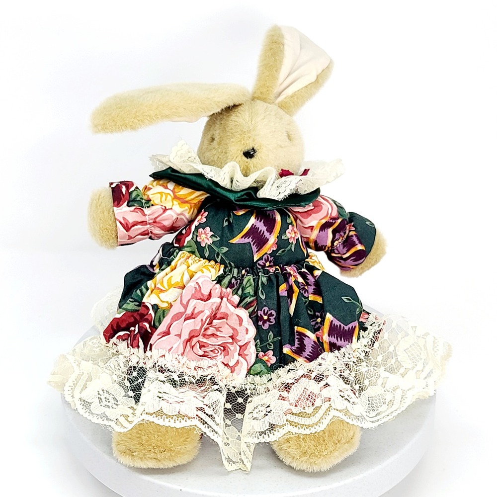 Wal-Mart Vintage Plush Bunny Rabbit Green Burgundy Floral Lace Dress Stuffed